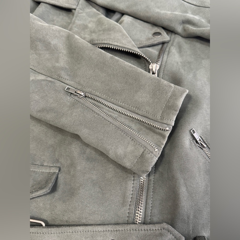 Forever 21 Olive Gray Faux Suede Moto Biker Jacket Large Zip Up - Picture 3 of 6